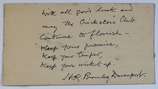 A piece of card signed and inscribed by Bromley-Davenport.