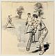 An original pen and ink drawing by Brock, finished in water colour wash, on brown paper, signed by the artist. Depicting a batsman in front of his stumps, looking behind as he is caught at slip, with the wicketkeeper watching on.